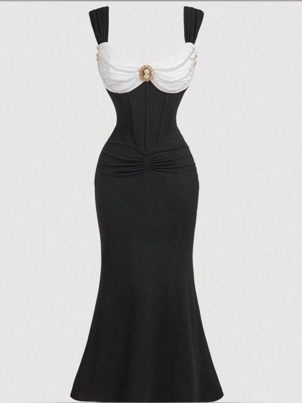 SHEIN Victorian like Black and White Corset-Style Maxi Dress with Chain Detail